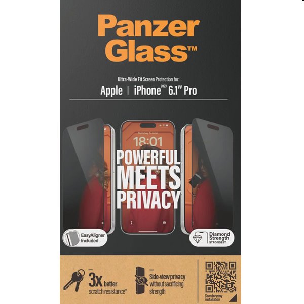 Ochranné sklo PanzerGlass UWF Privacy s aplikátorem pro Apple iPhone 15 Pro, černé