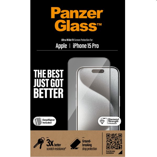 Ochranné sklo PanzerGlass UWF s aplikátorem pro Apple iPhone 15 Pro, černé