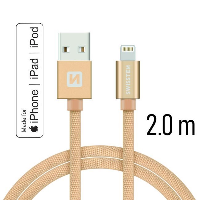 Datový kabel Swissten textilní s certifikací MFI, Lightning konektorem a podporou rychlonabíjení, Gold