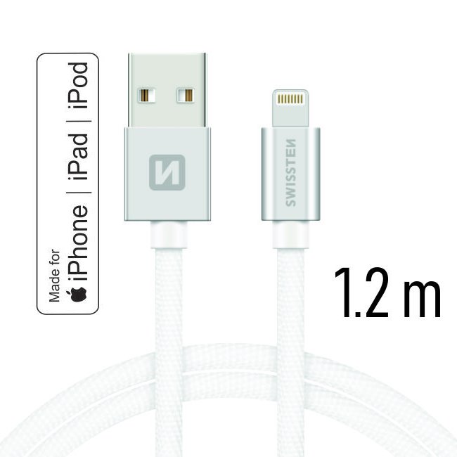 Datový kabel Swissten textilní s certifikací MFI, Lightning konektorem a podporou rychlonabíjení, Silver