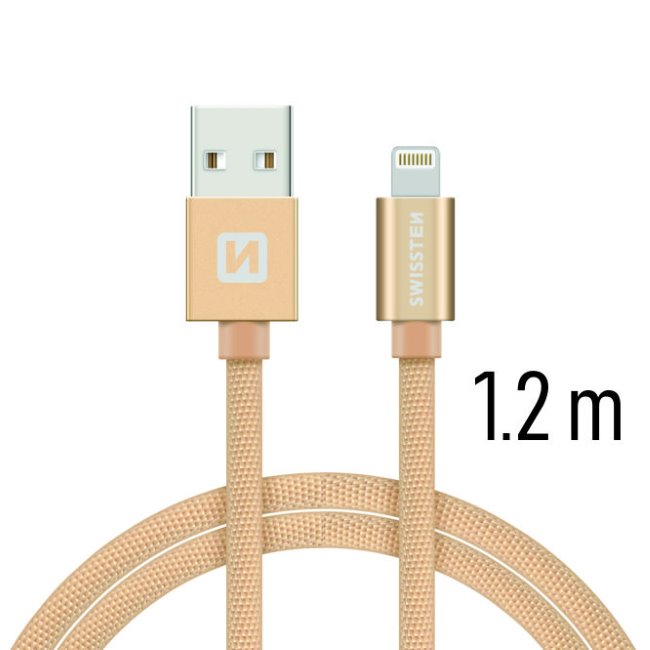Datový kabel Swissten textilní s Lightning konektorem a podporou rychlonabíjení, Gold