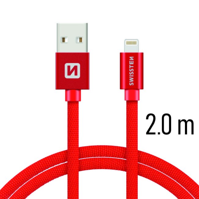Datový kabel Swissten textilní s Lightning konektorem a podporou rychlonabíjení. 
 Red