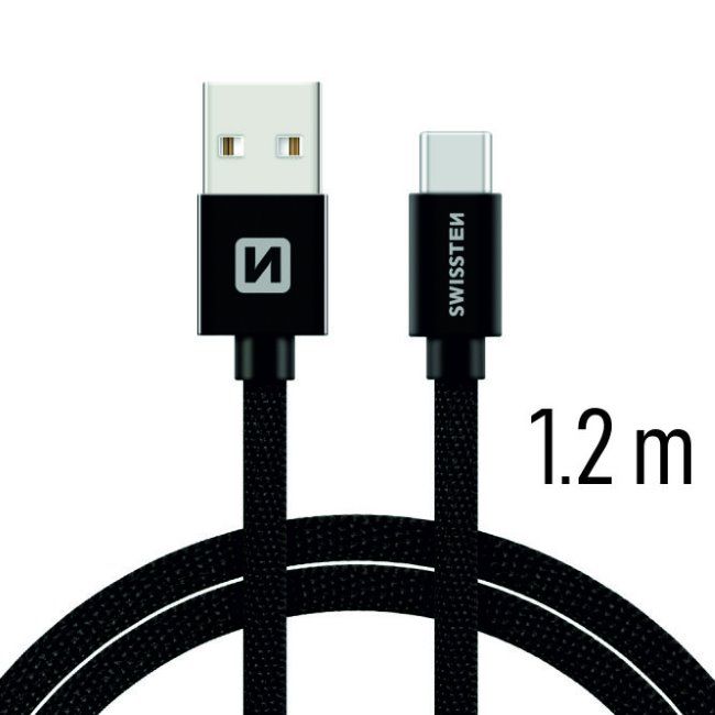 Datový kabel Swissten textilní s USB-C konektorem a podporou rychlonabíjení, Black Datový kabel Swissten textilní s USB-C konektorem a podporou rychlonabíjení, Black