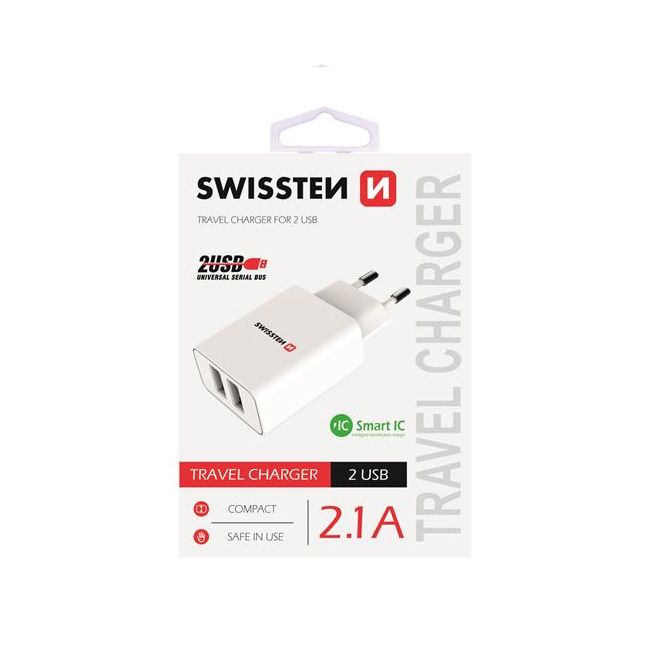 Nabíječka Swissten Smart IC 2.1A s 2 USB konektory, bílá Nabíječka Swissten Smart IC 2.1A s 2 USB konektory, bílá