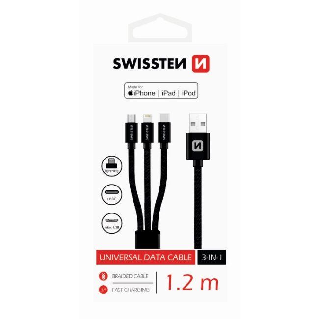 Datový kabel Swissten textilní 3 v 1 as podporou rychlonabíjení, černý Datový kabel Swissten textilní 3 v 1 as podporou rychlonabíjení, černý