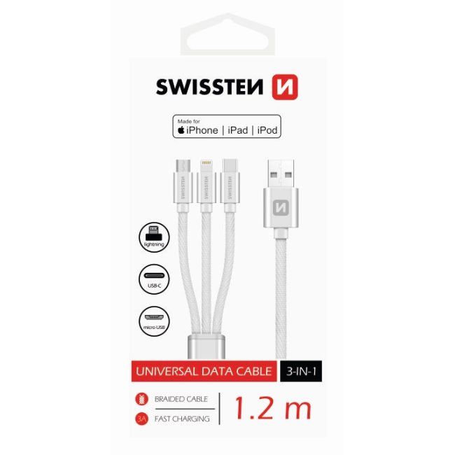Datový kabel Swissten textilní 3 v 1 as podporou rychlonabíjení, stříbrný Datový kabel Swissten textilní 3 v 1 as podporou rychlonabíjení, stříbrný