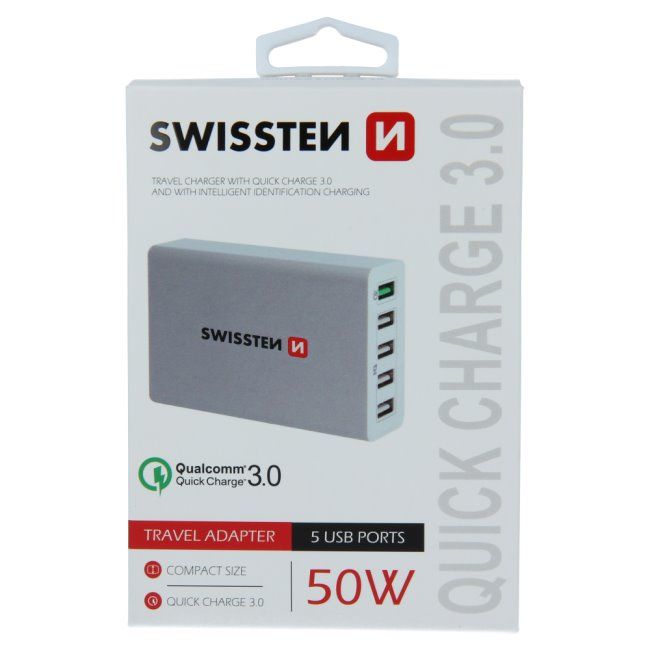 Rychlonabíječka Swissten Smart IC 50W s podporou QuickCharge 3.0 a 5 USB konektory, bílá Rychlonabíječka Swissten Smart IC 50W s podporou QuickCharge 3.0 a 5 USB konektory, bílá