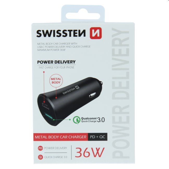 Autonabíječka Swissten s podporou Power Delivery USB-C + Qualcomm 3.0, 36W, matná černá Autonabíječka Swissten s podporou Power Delivery USB-C + Qualcomm 3.0, 36W, matná černá