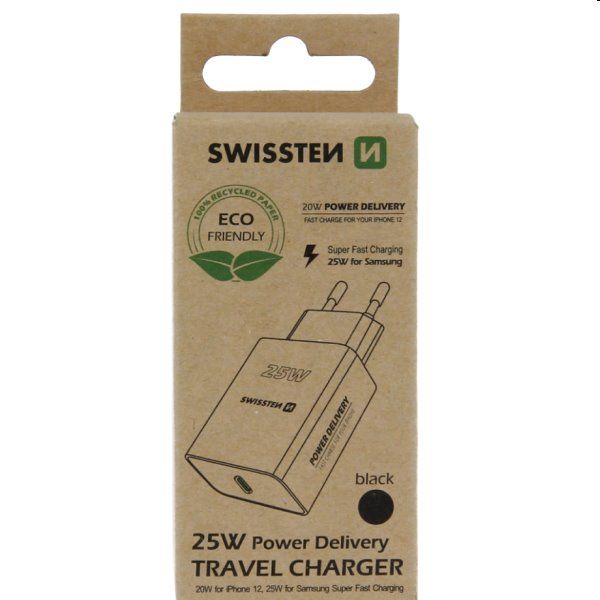 Nabíječka Swissten pre iPhone a Samsung 25W, černá, eco balení Nabíječka Swissten pre iPhone a Samsung 25W, černá, eco balení