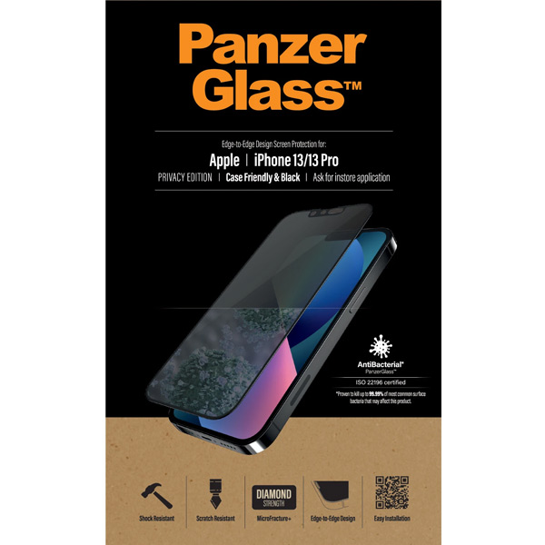 Ochranné temperované sklo PanzerGlass Case Friendly AB se soukromým filtrem pro Apple iPhone 13/13 Pro, černé