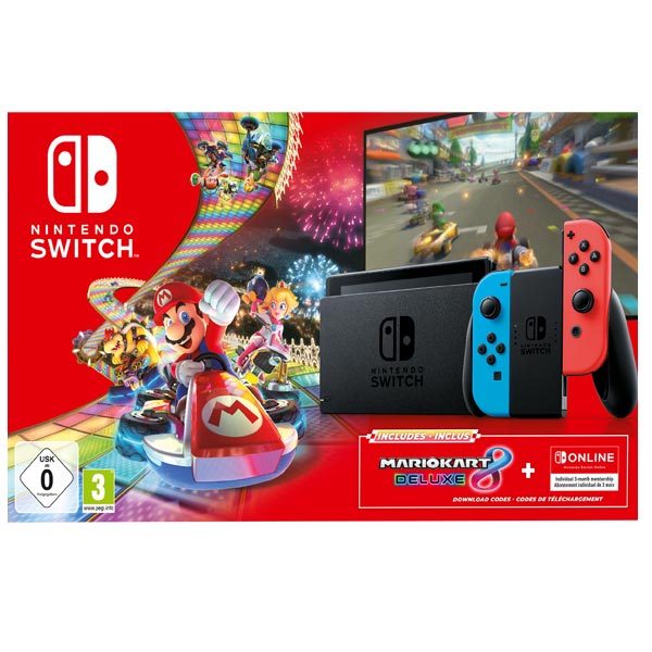 Nintendo Switch, neon + Mario Kart 8 Deluxe + Nintendo Switch Online 3 month subscription