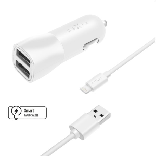 FIXED Autonabíječka Smart Rapid Charge 2x USB s kabelom USB/Lightning MFI 1m, 15 W, bílá