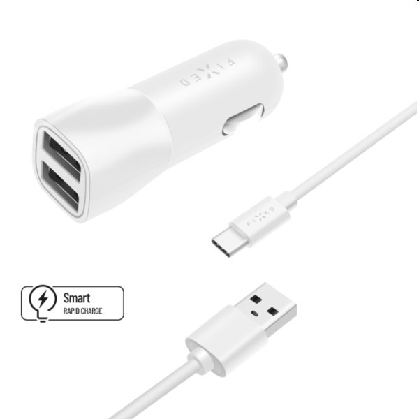 FIXED Autonabíječka Smart Rapid Charge 2x USB s kabelem USB/USB-C 1m, 15 W, bílá