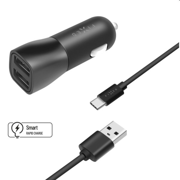 FIXED Autonabíječka Smart Rapid Charge 2x USB s kabelom USB/USB-C 1m, 15 W, černá