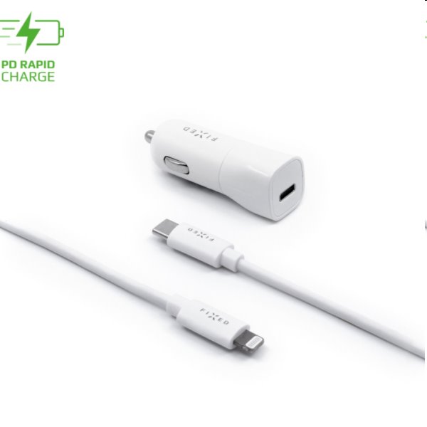 FIXED Autonabíječka USB-C s kabelom USB-C/Lightning MFI, PD, 1m, 18 W, bílá