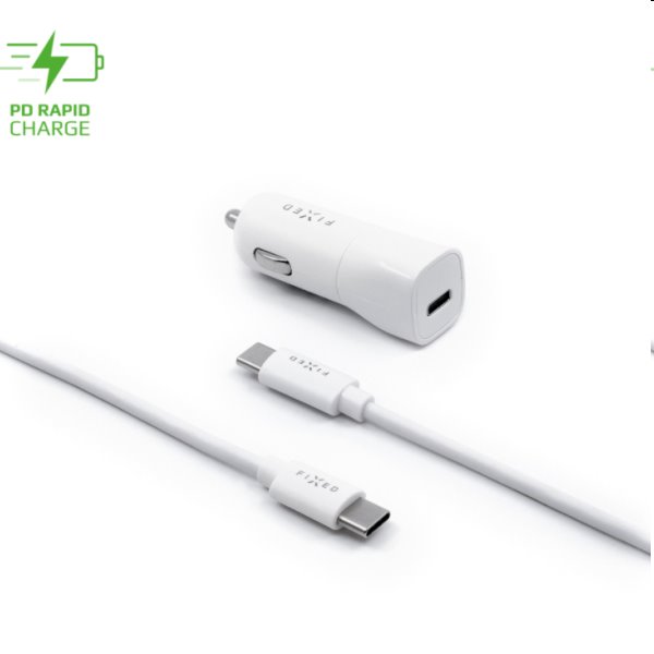 FIXED Autonabíječka USB-C s kabelem USB/USB-C, PD, 1m, 18 W, bílá