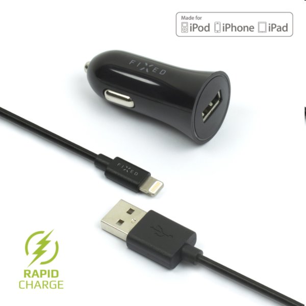 FIXED Autonabíječka USB s kabelom USB/Lightning MFI, 1m, 12 W, černá