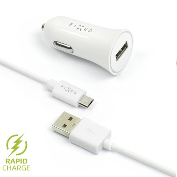 FIXED Autonabíječka USB s kabelem USB/micro USB, 1m, 12 W, bílá