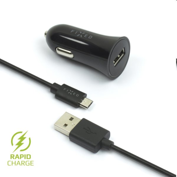 FIXED Autonabíječka USB s kabelem USB/micro USB, 1m, 12 W, černá