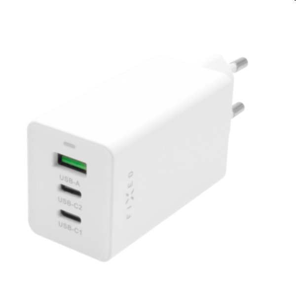 FIXED Síťová nabíječka s 2 x USB-C/USB, podpora PD, 65 W, bílá