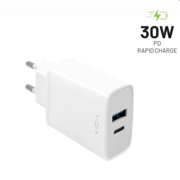 FIXED Síťová nabíječka s USB-C/USB, podpora PD, 30W, bílá