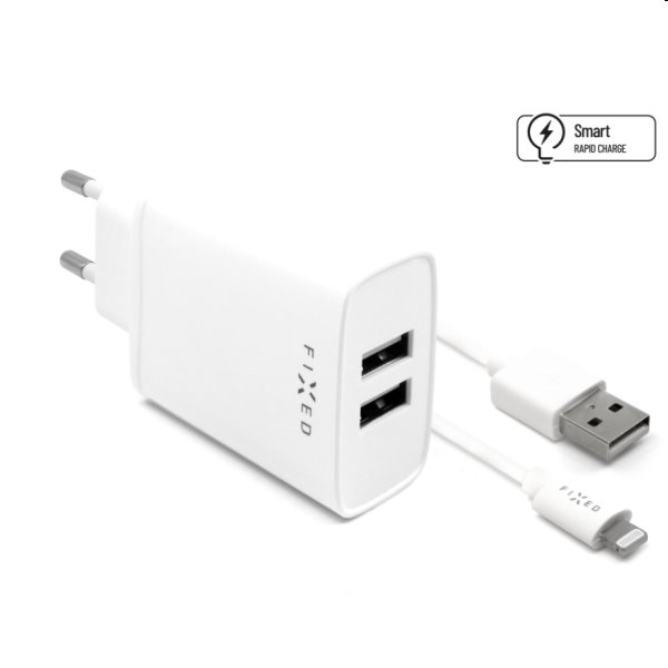 FIXED Síťová nabíječka Smart Rapid Charge s 2 x USB 15W + kabel USB/Lightning MFI 1m, bílá