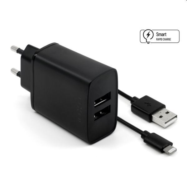 FIXED Síťová nabíječka Smart Rapid Charge s 2 x USB 15W + kabel USB/Lightning MFI 1m, černá