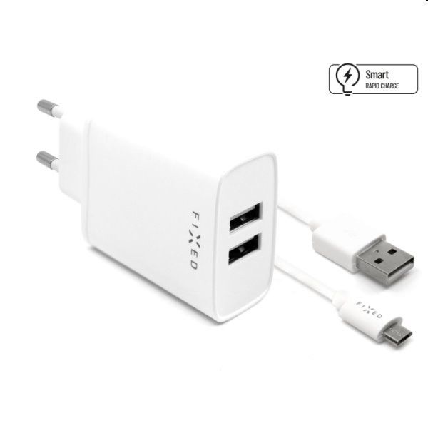 FIXED Síťová nabíječka Smart Rapid Charge s 2 x USB 15W + kabel USB/micro USB 1m, bílá