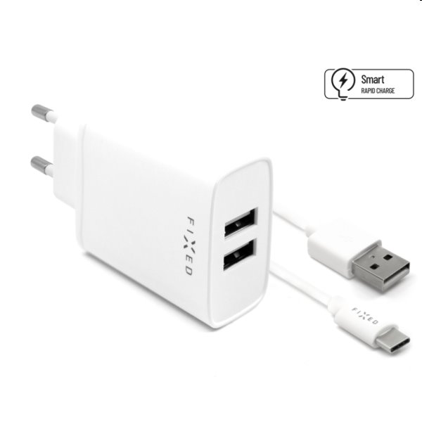 FIXED Síťová nabíječka Smart Rapid Charge s 2 x USB, 15W + kabel USB/USB-C 1m, bílá