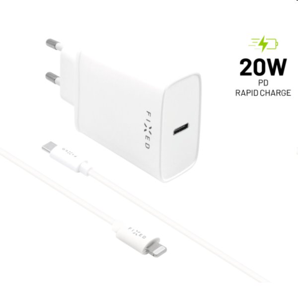 FIXED Síťová nabíječka Smart Rapid Charge s 2 x USB PD, 20W + kabel USB-C/Lightning MFI 1m, bílá