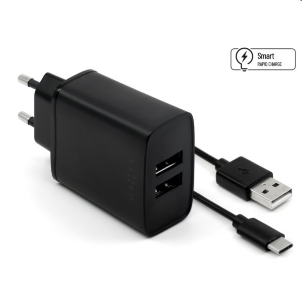 FIXED Sítová nabíječka Smart Rapid Charge s 2 x USB, 15W + kábel USB/USB-C 1m, černá