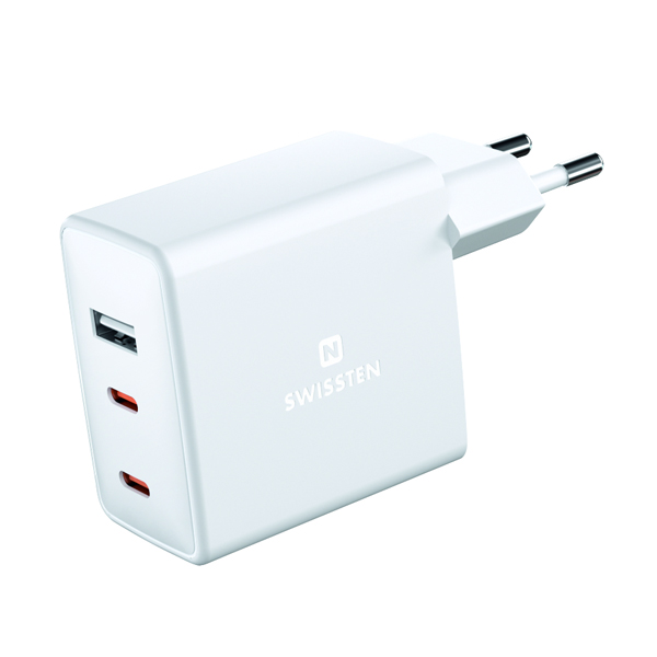 Síťový Adaptér Swissten GaN 2 x USB-C + 1 x USB 70 W, bílý