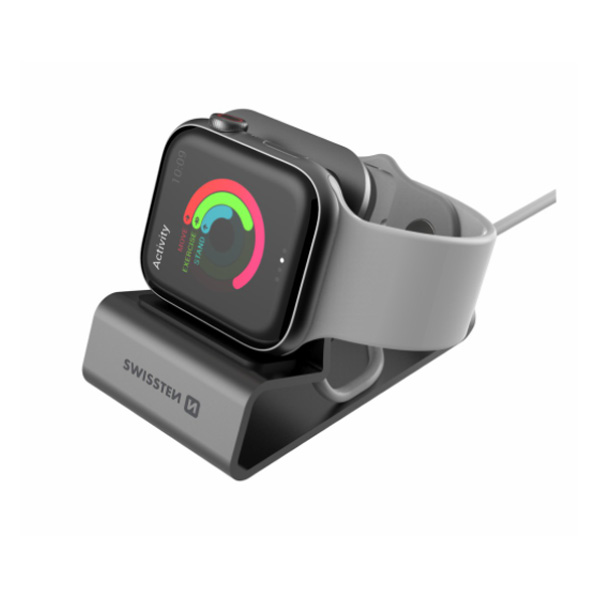 Swissten hliníkový stojan pro Apple Watch, šedý