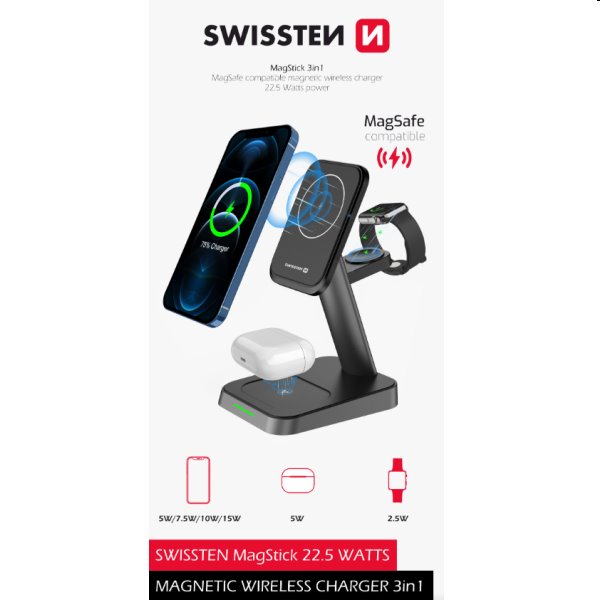 Swissten MagStick bezdrátová nabíječka 3v1 22,5W, černá