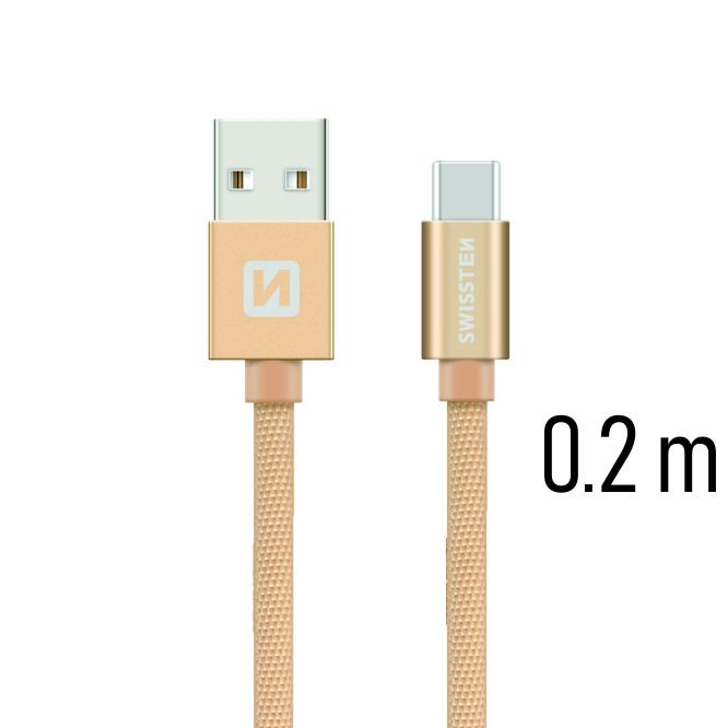 Datový kabel Swissten textilní s USB-C konektorem a podporou rychlonabíjení, Gold - OPENBOX (Rozbalené zboží s plnou zárukou)