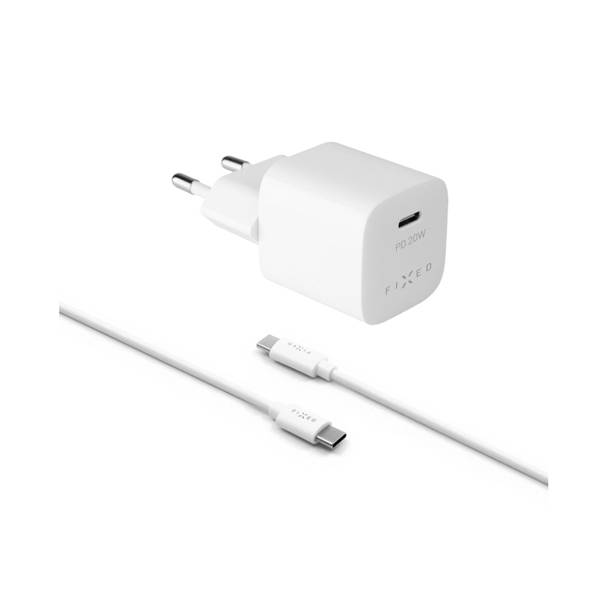 FIXED Mini charger set with USB-C output and USB-C/USB-C cable, PD support, 1 m, 20W, white