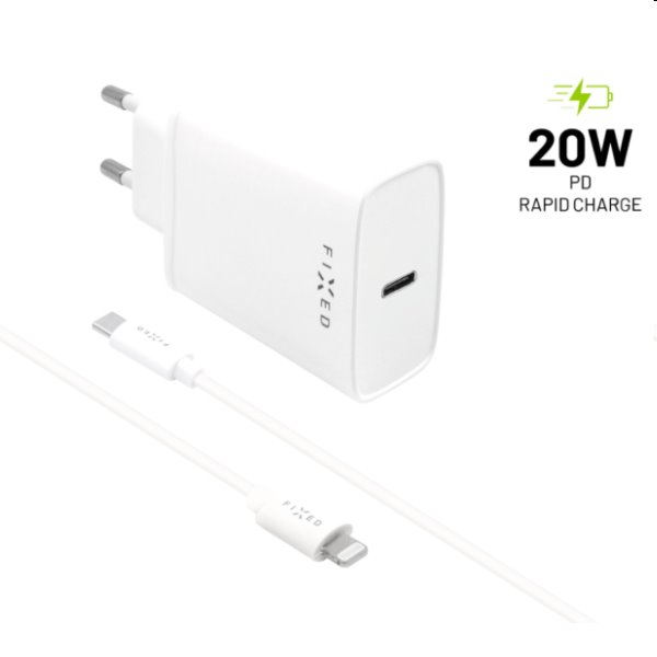 FIXED Travel Charger Smart Rapid Charge with 2 x USB PD,20W + Data Cabel USB-C/Lightning MFI 1m, white - OPENBOX (Rozbal