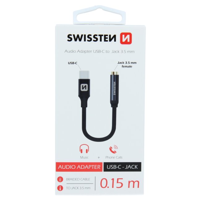 Swissten Audio Adapter Textile USB-C/Jack 0.15m, black - OPENBOX (Rozbalené zboží s plnou zárukou)