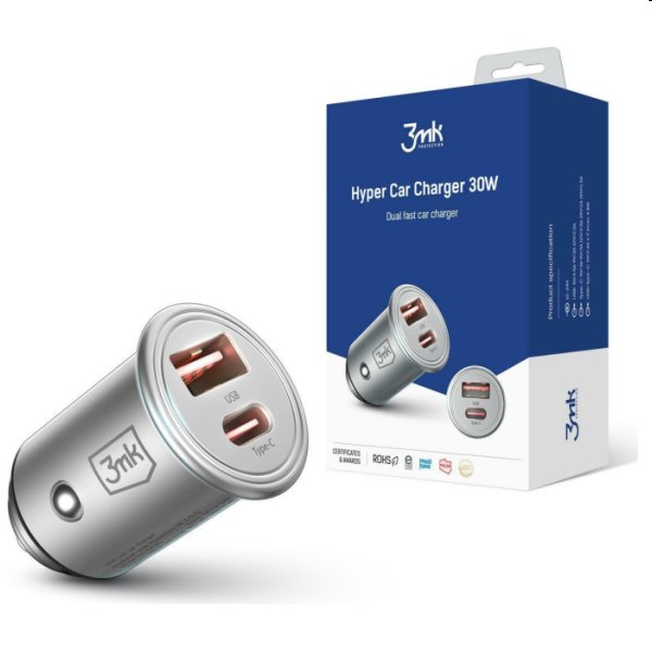 3mk nabíječka do auta, 30W, USB-A+USB-C, stříbrná