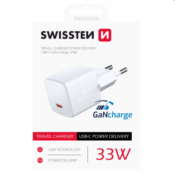 Mini Adaptér Swissten GaN USB-C 33W POWER DELIVERY, bílý