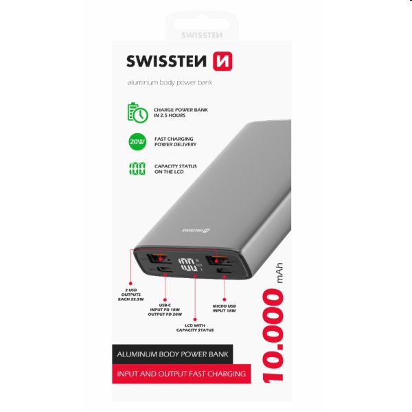 Swissten Aluminum Powerbank 10 000 mAh 20W, PD, šedá