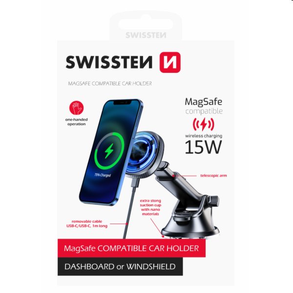 Swissten magnetický držák do auta s bezdrátovým nabíjením (MagSafe), 15W