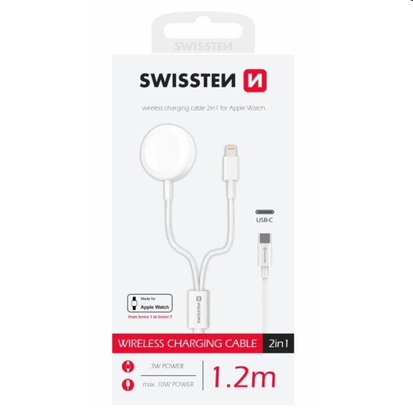 Swissten Nabíjecí magnetický kabel 2v1 pro Apple Watch a Lightning 1,2 m, bílý