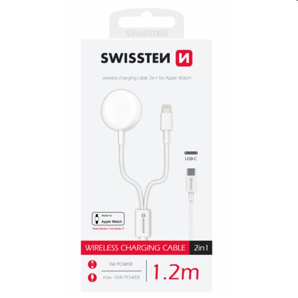 Swissten Nabíjecí magnetický kabel 2v1 pro Apple Watch a Lightning 1,2 m, bílý