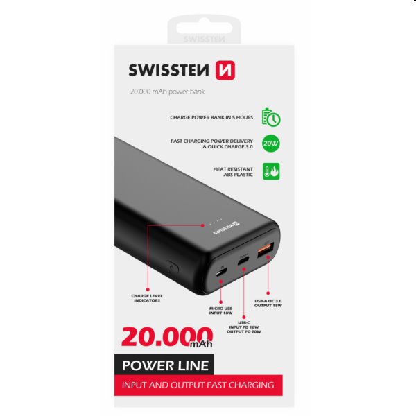 Swissten Power Line Powerbank 20 000 mAh 20W, PD, černé