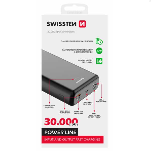 Swissten Power Line Powerbank 30 000 mAh 20W, PD, černá