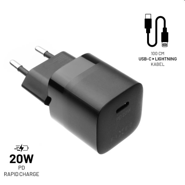 FIXED Set Síťová mini nabíječka s USB-C výstupem a USB-C/Lightning MFI kabel 1m, PD, 20W, černý