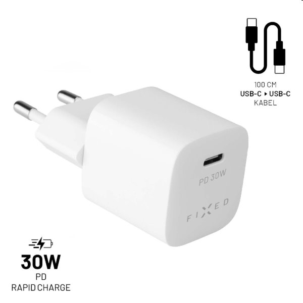 FIXED Set Síťová mini nabíječka s USB-C výstupem a USB-C/USB-C kabel 1m, PD, 30W, bílý