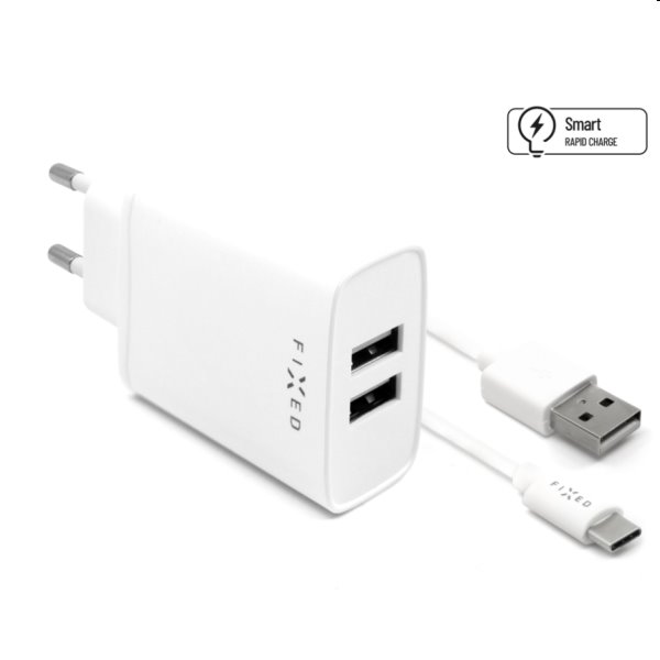 FIXED Travel Charger Smart Rapid Charge with 2 x USB,15W + Data Cabel USB/USB-C 1m, white - OPENBOX (Rozbalené zboží  s plnou zárukou)