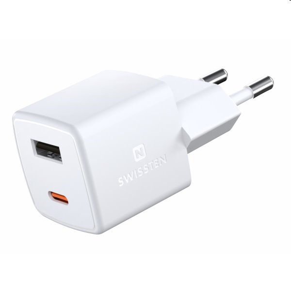 Mini Adaptér Swissten GaN 1x USB-C + 1xUSB 30W, PD, bílý